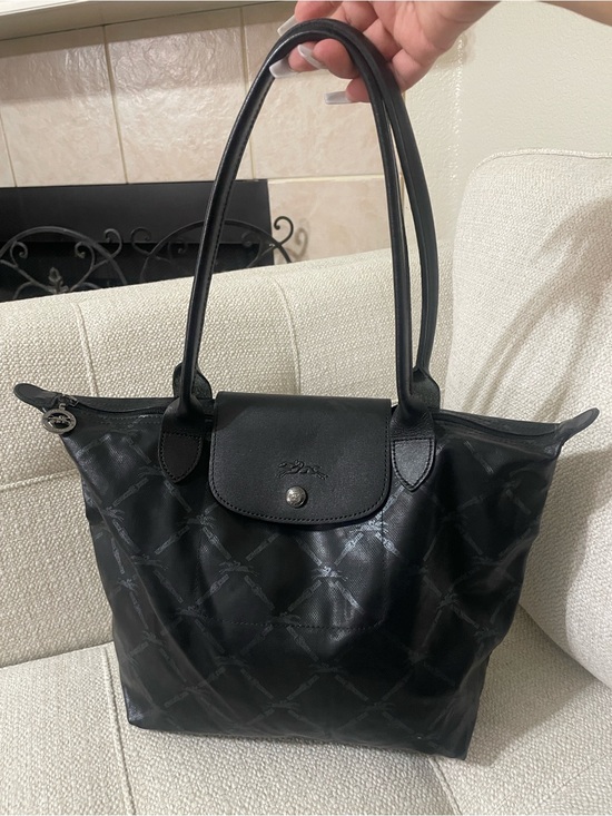 Longchamp Handbags - Longchamp Black Leather-Trimmed Tote with Printed Nylon